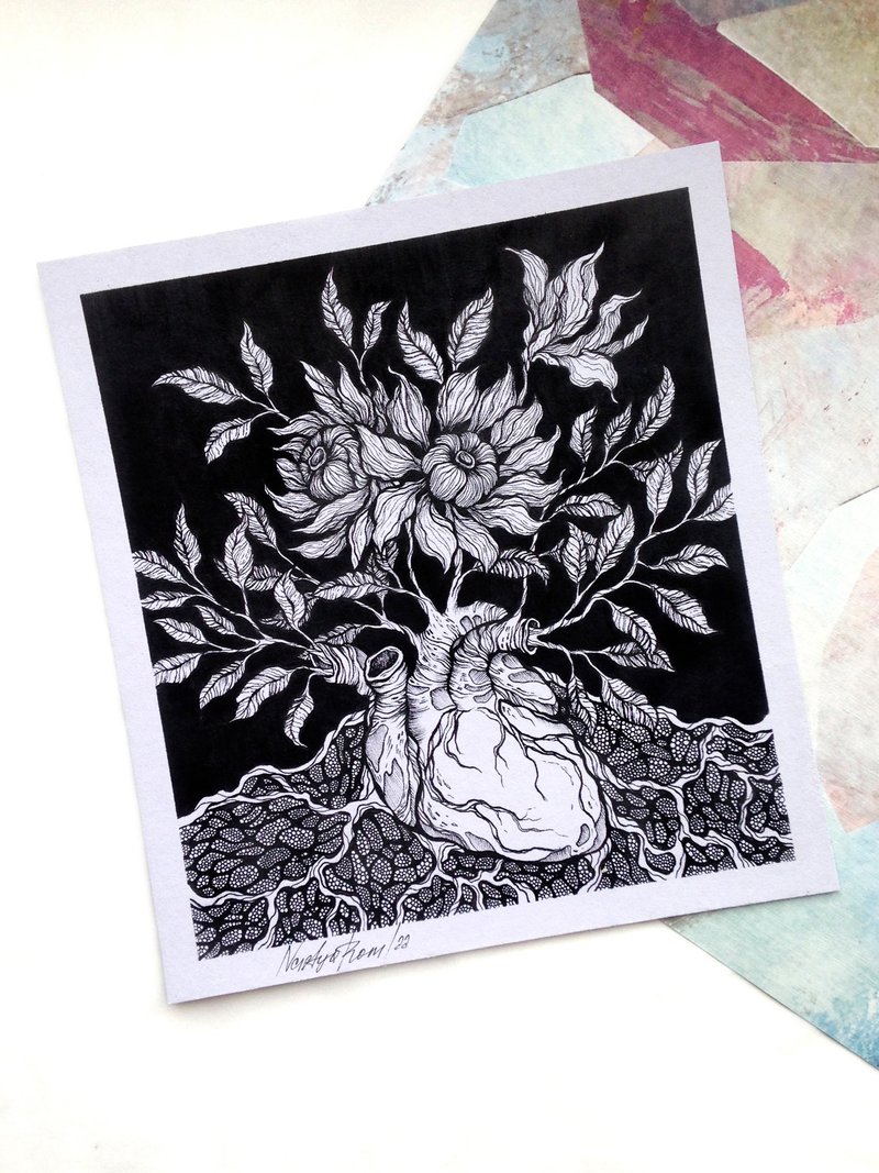 The blooming heart drawing. Heart drawing. Anatomic heart drawing. Flowers. - 海報/掛畫/掛布 - 紙 黑色