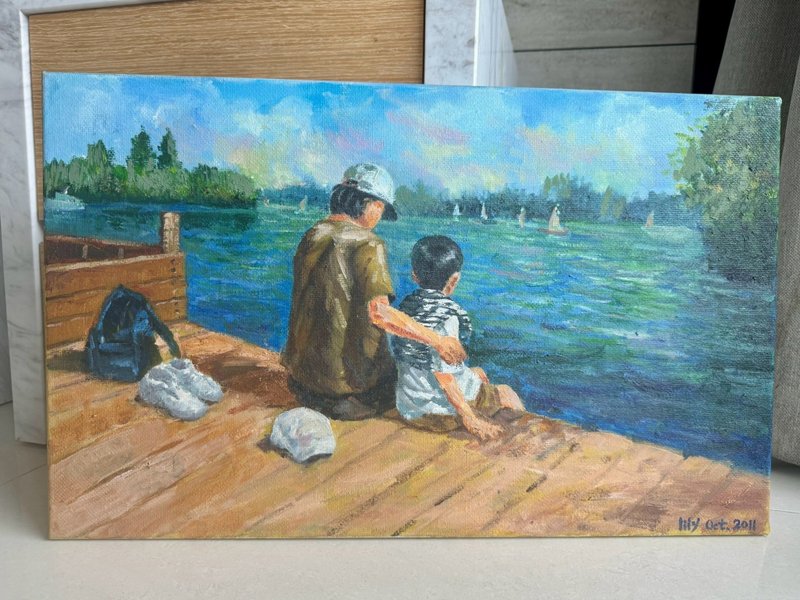 湖畔時光 - 親子寫實油畫 手繪原作 溫馨風景畫 - 海報/掛畫/掛布 - 棉．麻 