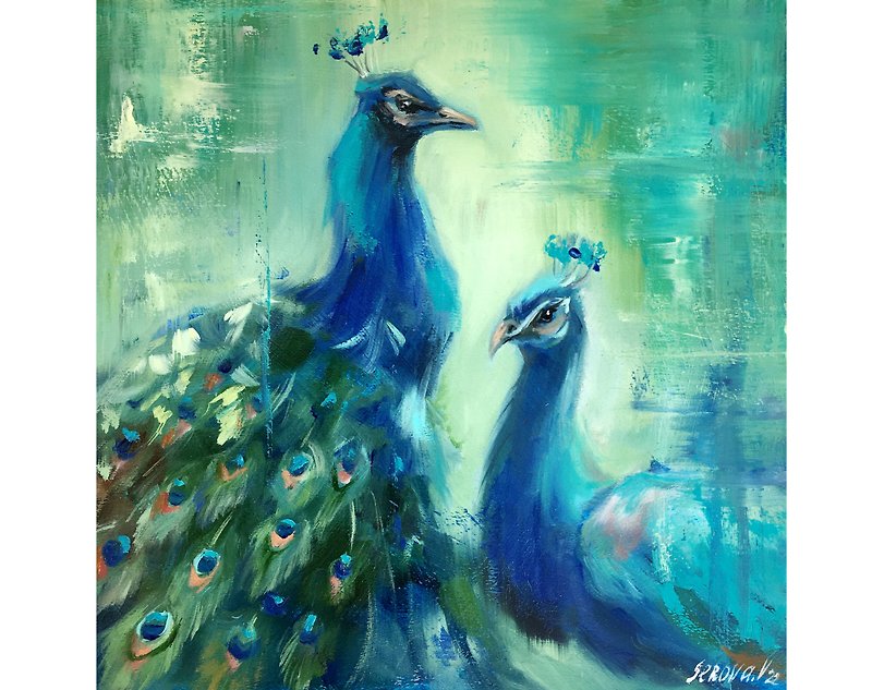 Pair of birds Peacock painting Art Oil Couple Birds Artwork Original - Wall Décor - Other Materials Green