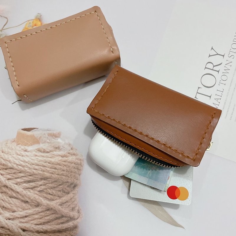 Coin purse three-dimensional rectangular zipper hand-stitched original hand-made leather - กระเป๋าใส่เหรียญ - หนังแท้ 