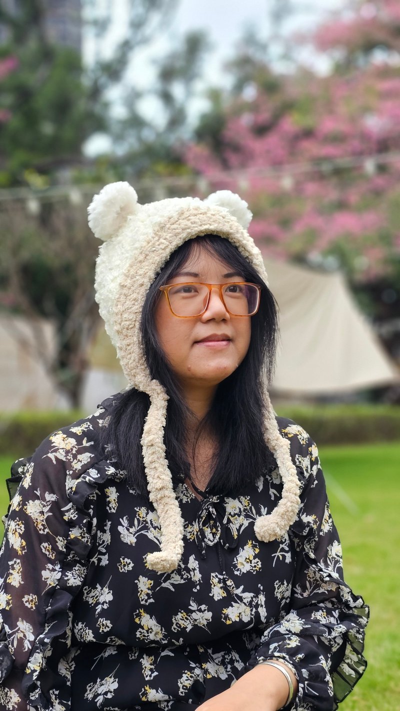 Fully hand-crocheted plush bear ear protection hat - หมวก - ผ้าฝ้าย/ผ้าลินิน 