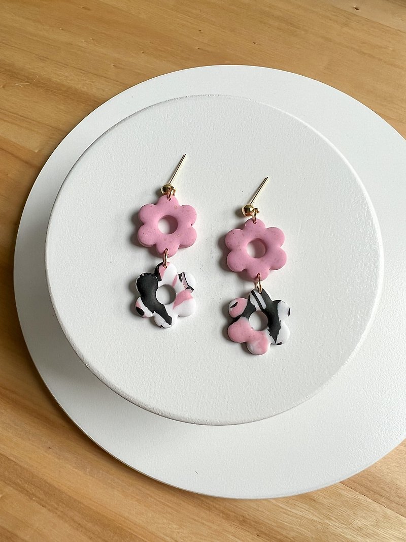 • Handcrafted Polymer Clay Earrings • Triple Swirls - Double Flowers - Earrings & Clip-ons - Pottery Multicolor