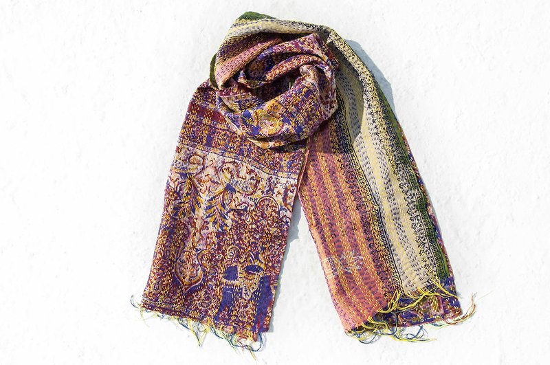 Hand-stitched Sari Fabric Scarf/Silk Embroidered Scarf/Indian Silk Embroidered Scarf-Exotic Flowers - Scarves - Silk Multicolor