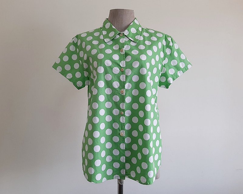 J. CREW Vintage Green White Polka Dot Shirt - Women's Tops - Cotton & Hemp Green