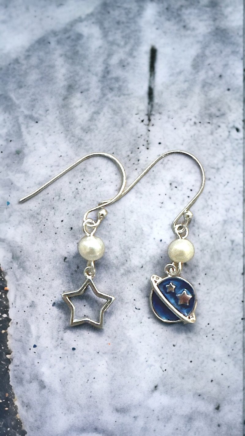 The Blue Planet and Sketch Star Silver 925 & Fresh Water Pearl Earrings - Earrings & Clip-ons - Sterling Silver Blue