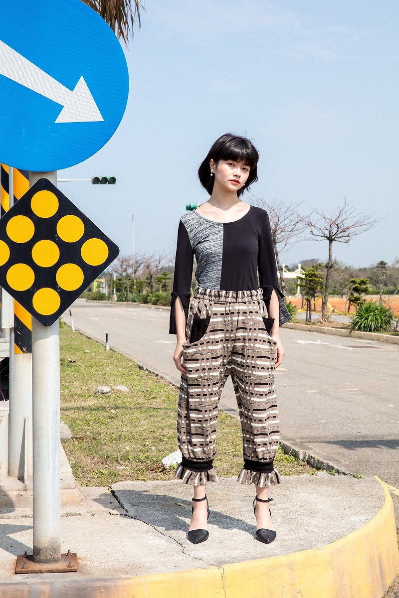 moi non plus rock stripe trousers-Japanese fabric - Women's Pants - Wool Khaki