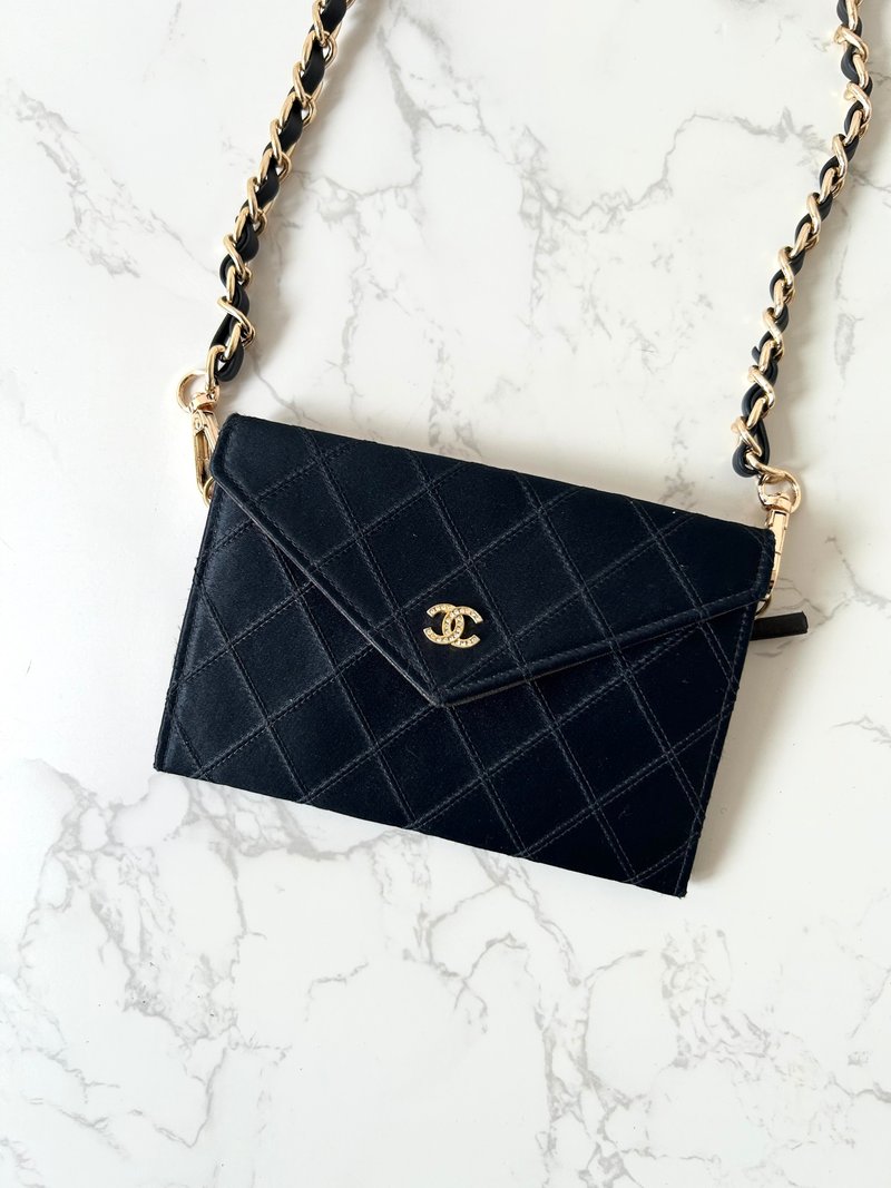 Rare second-hand Chanel black silk rhinestone WOC small wallet short clip cross-body shoulder bag - กระเป๋าแมสเซนเจอร์ - วัสดุอื่นๆ สีดำ