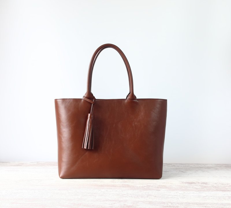 A4 size tote bag/L size, gusset 13cm.ver/Made to order, brown, round string - กระเป๋าถือ - หนังแท้ สีนำ้ตาล