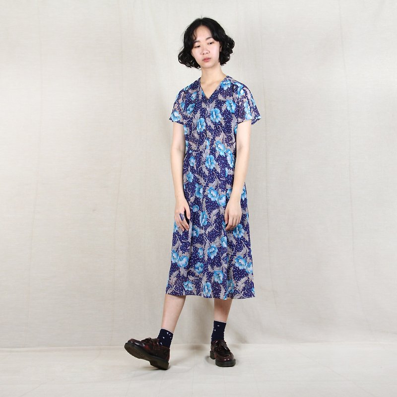 [Egg plant ancient] Shuiyang Peony printing sleeve ancient dress - ชุดเดรส - เส้นใยสังเคราะห์ สีน้ำเงิน