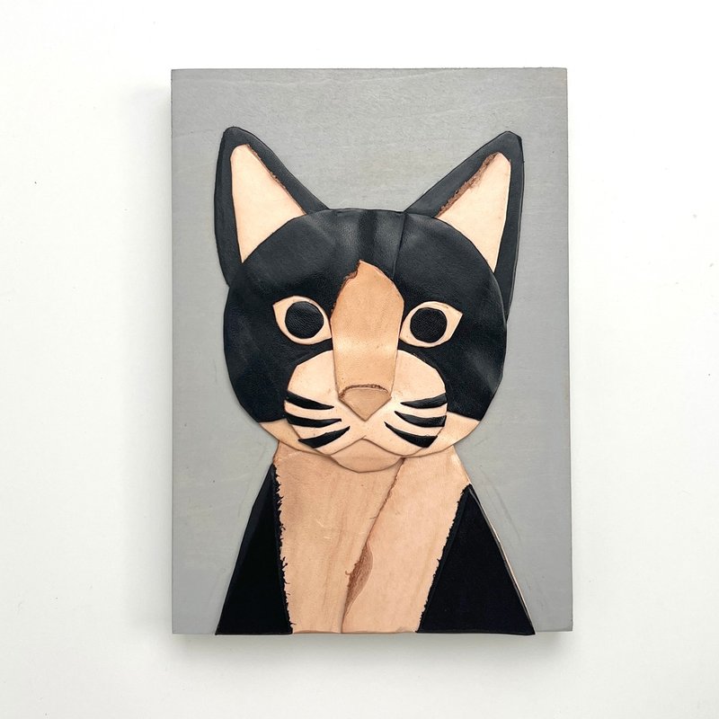 Leather collage art / Cat with brown eyes - โปสเตอร์ - ไม้ สีเทา