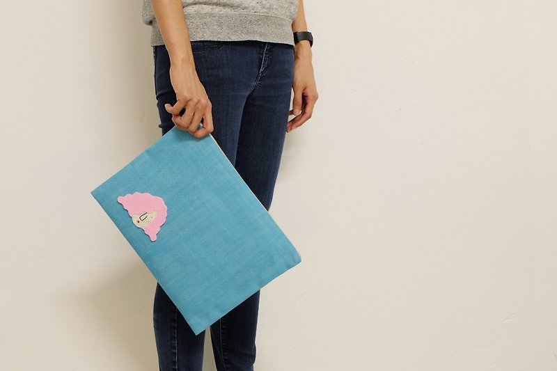 Miss Hairy Collection / Japanese Denim Fabric Clutch / Sky Blue - Clutch Bags - Cotton & Hemp Blue