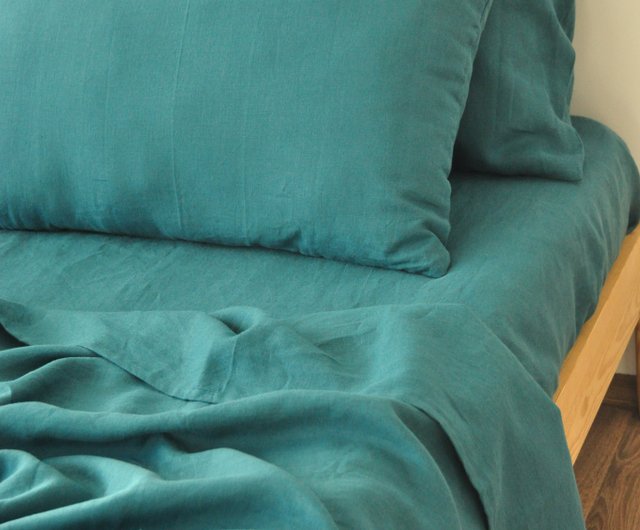 エメラルドグリーンリネンフラット シーツ /リネンベッドシーツ