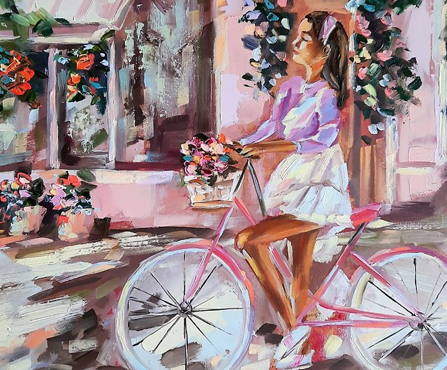 ロンドン絵画少女オリジナルアート街並み油絵自転車ウォールアート 