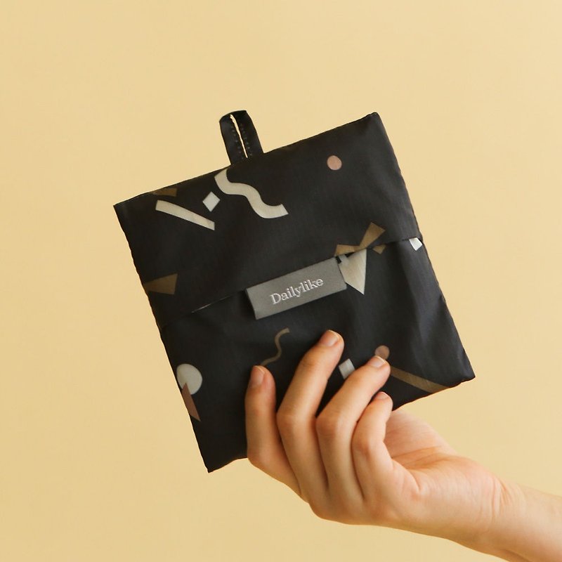 Folding pocket shopping bag S-01 geometric number, E2D15909 - กระเป๋าถือ - เส้นใยสังเคราะห์ สีดำ