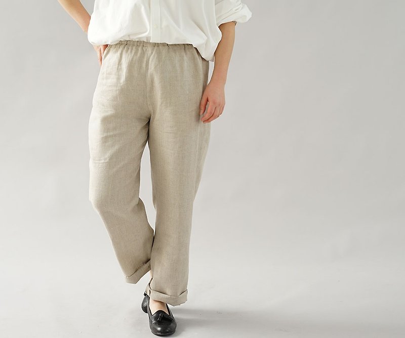 wafu  linen pants / long length / oversized / beige bo1-65 - กางเกงขายาว - ผ้าฝ้าย/ผ้าลินิน สีกากี