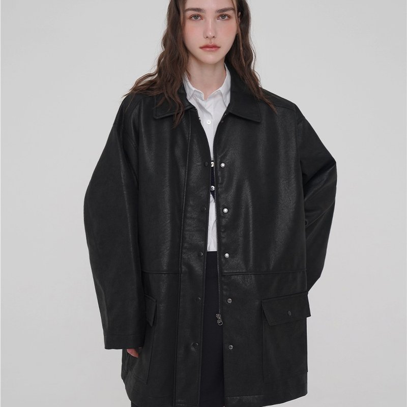 Korea sisterhood, Leather leather jumper - Black - 女大衣/外套 - 聚酯纖維 黑色