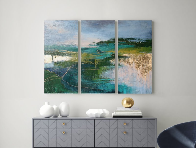 Green abstract triptych wall art | Triptych abstract nature | North 2 Triptych - 壁貼/牆壁裝飾 - 棉．麻 綠色