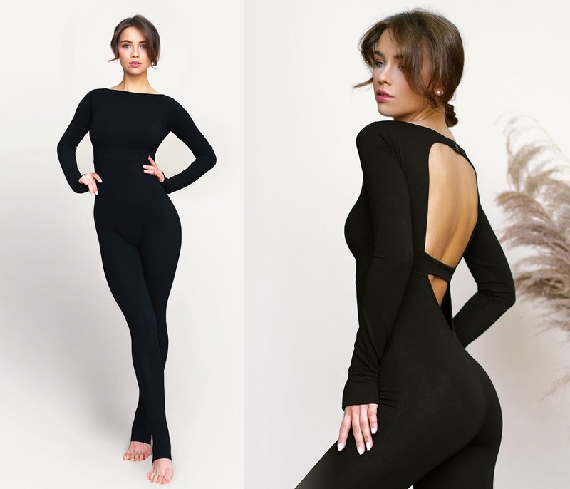 Yoga bodysuit, unitard. Organic cotton jumpsuit. Fitness suit. Yoga wear - 吊帶褲/連身褲 - 棉．麻 黑色