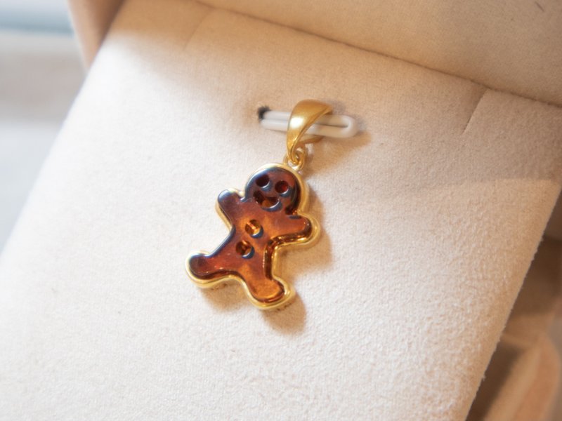 925 silver AMBER gingerbread man pendant necklace - สร้อยคอ - เครื่องเพชรพลอย สีทอง