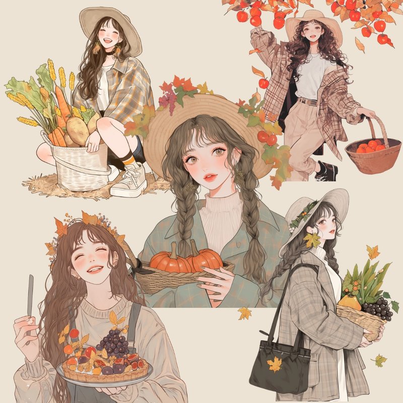 秋日溫暖女孩貼紙與收穫拼貼素材 透明背景數位貼紙 - 電子似顏繪/繪畫/插畫 - 其他材質 