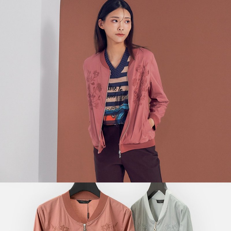 【MEDUSA】Embroidery Detail Light Jacket - Dusty Rose / Green - เสื้อแจ็คเก็ต - ผ้าฝ้าย/ผ้าลินิน สึชมพู