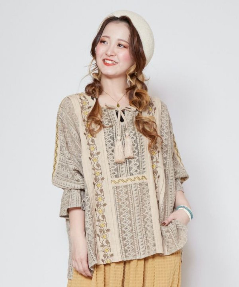 [Almost sold out for pre-order] Bohemian lace embroidered puff sleeves fringed top (3 colors) ILL-4704 - Women's Tops - Cotton & Hemp 