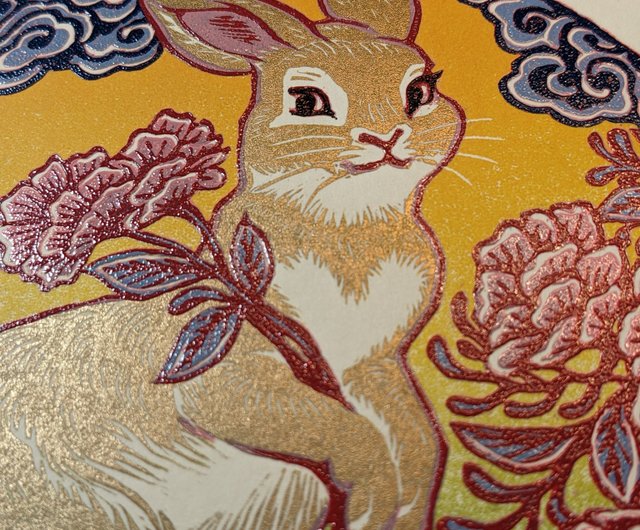 2023卯年版画【春に遊ぶゴールドのうさぎ】 - ショップ