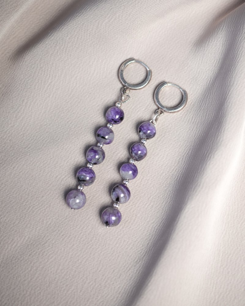 Charoite 925 Sterling Silver Earrings, Taurus Gemstone, Libra Crystal Jewelry - 耳環/耳夾/耳骨夾 - 半寶石 紫色