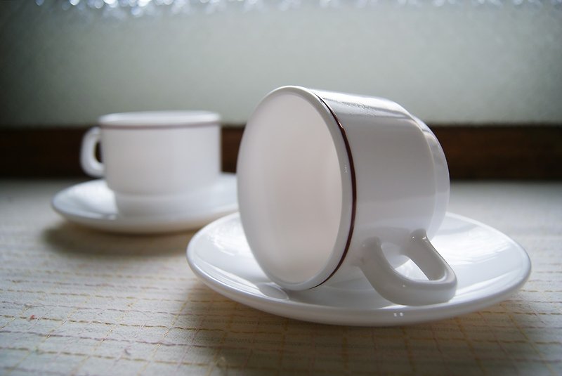 Early arcopal coffee cup set - reddish brown ring line (dishes / junk / old material / heat-resistant glass) - แก้วมัค/แก้วกาแฟ - แก้ว ขาว