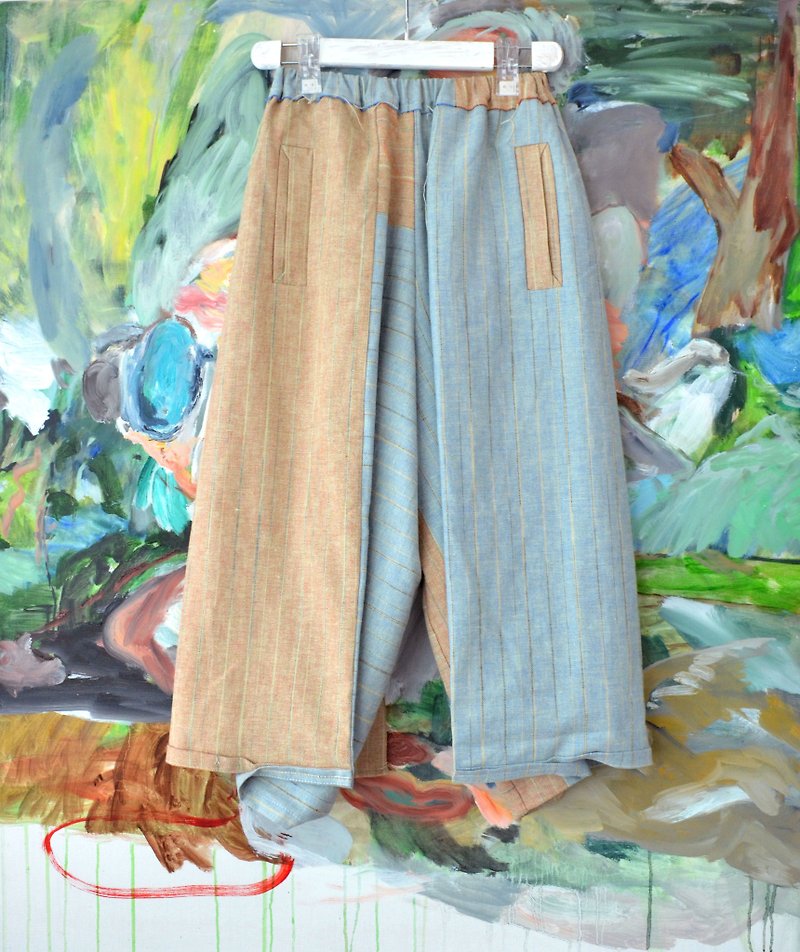 TIMBEE LO blue fight brown cotton Linen sheet made sharp multicolor wide trousers 7 minutes - Women's Pants - Cotton & Hemp Pink