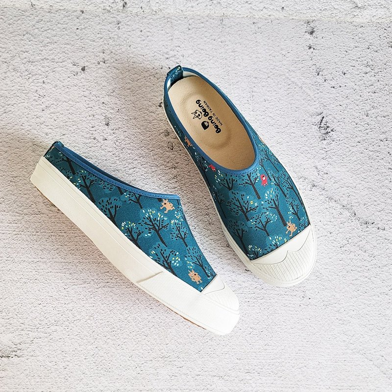 Water-repellent Mules (wide last) Slim half slip-ons - Hide and Seek in the Forest Teal Blue - Women's Casual Shoes - Cotton & Hemp Blue