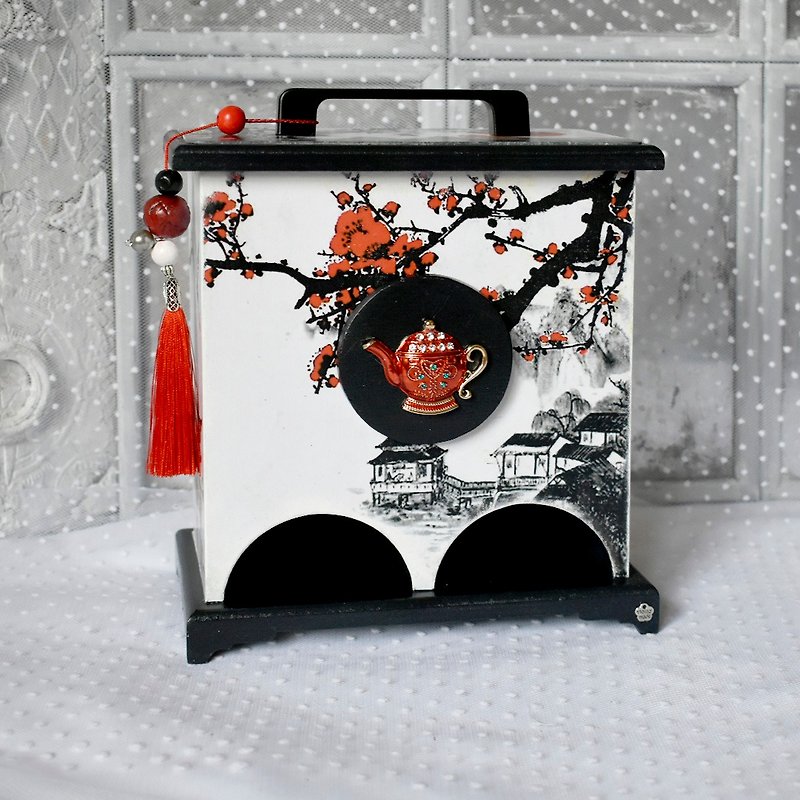 Tea House for Storing Disposable Tea Bags with asian pictures - กล่องเก็บของ - ไม้ ขาว