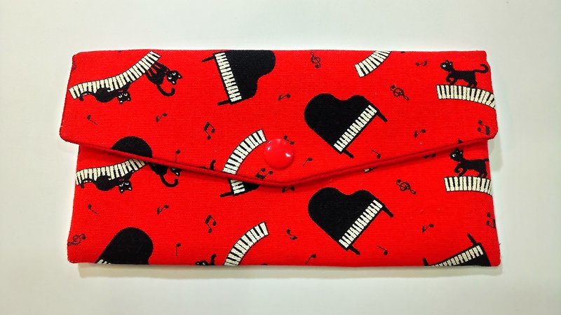 Lucky double red envelope bag/passbook storage bag (12 piano black cat) - Wallets - Cotton & Hemp Red