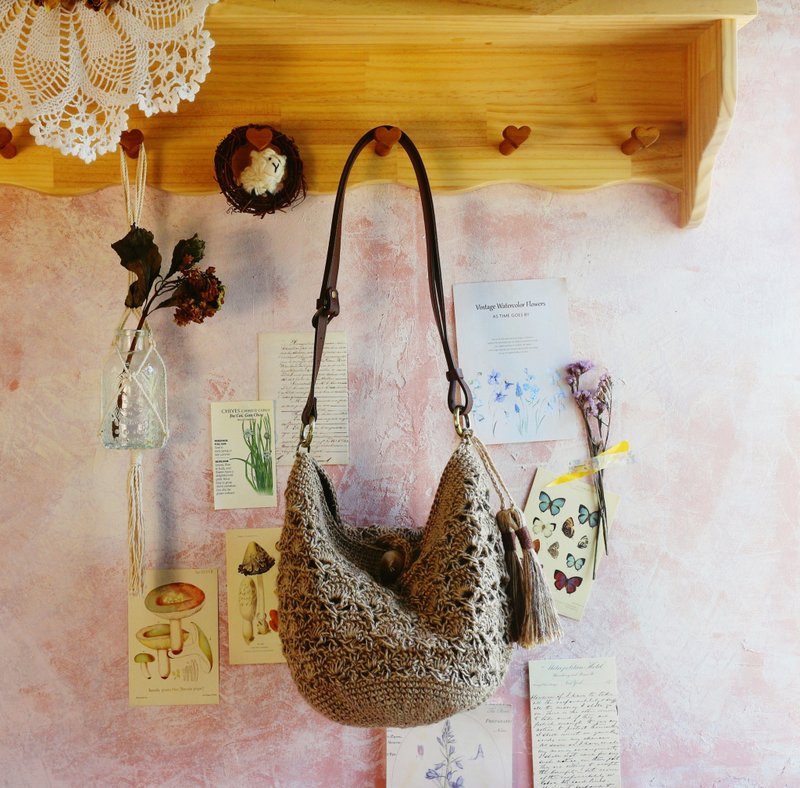 [Ready stock] Handmade hand-woven/ Linen woven crossbody bag/shoulder bag/dual-purpose bag - Handbags & Totes - Cotton & Hemp Khaki