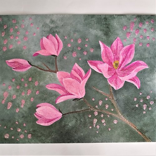 Artpainting Acrylic Painting Magnolia- Brilliant Floral Wall Decor with Glitter