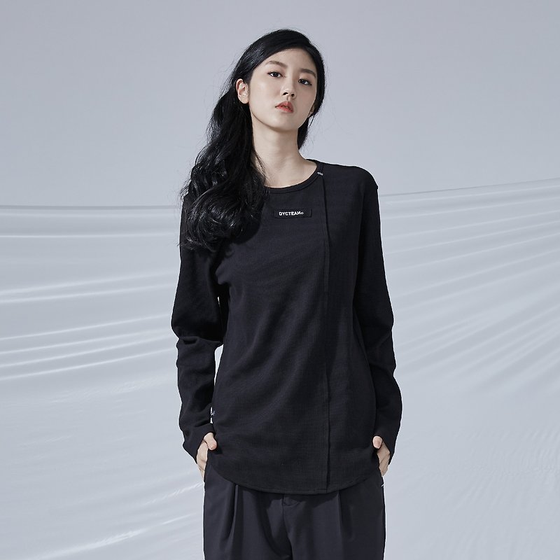 DYCTEAM - Waffle Long Sleeve Tee Asymmetric tailoring TEE - Unisex Hoodies & T-Shirts - Cotton & Hemp Black