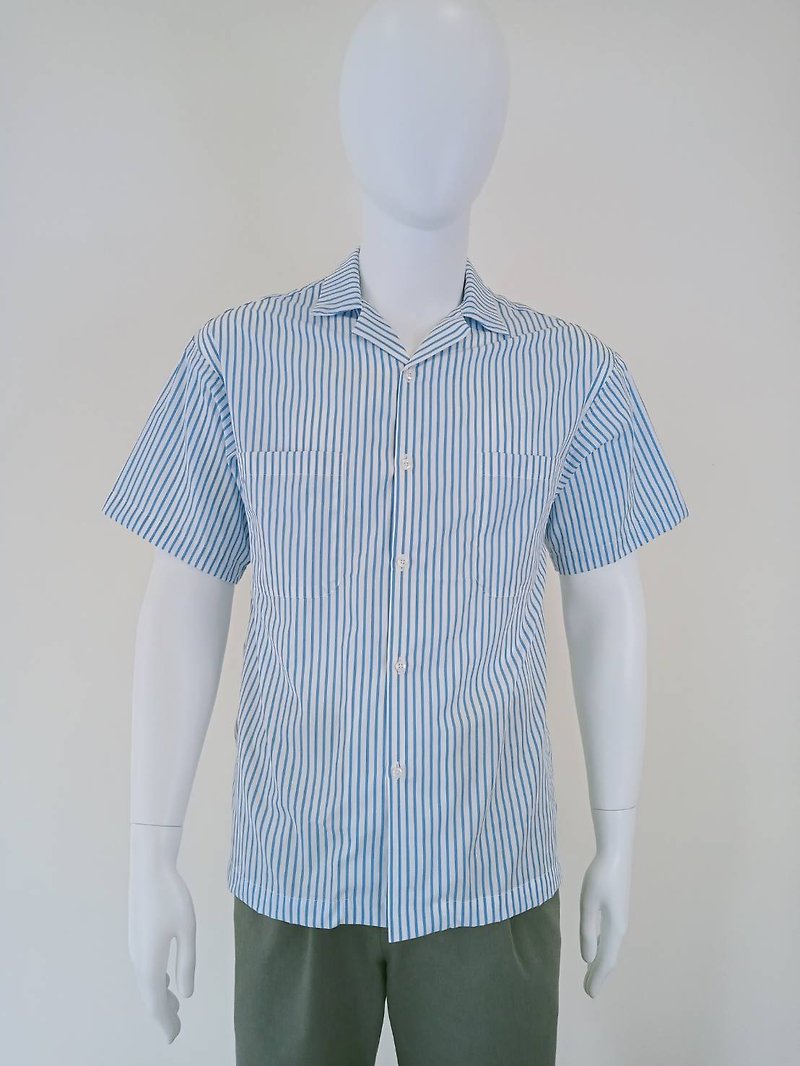 棉．麻 男襯衫/休閒襯衫 - (現貨)男海藍色條紋輕量透氣短袖襯衫
