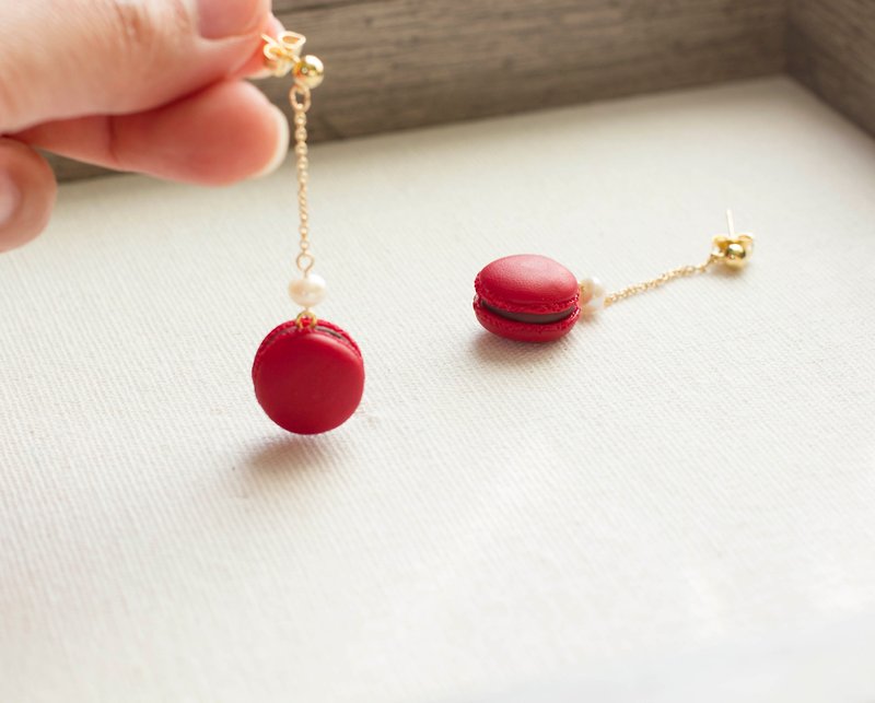 Hand made soft clay red macaron natural pearl earrings - Earrings & Clip-ons - Clay Red