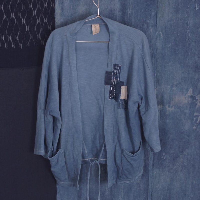 fete blue dye patch cardigan collage tie-dye batik original homemade {chapter 4} - Men's Coats & Jackets - Cotton & Hemp Blue