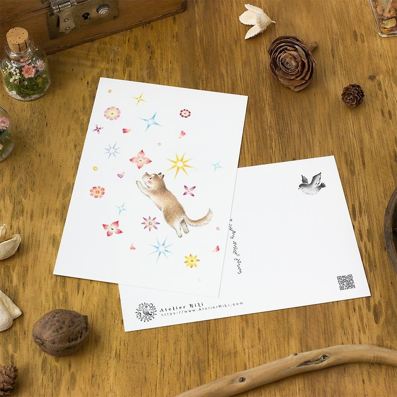 4枚セット。絵本のような。ポストカード "子犬のシナモン、花と星雪" PC-326 - カード・はがき - 紙 ピンク