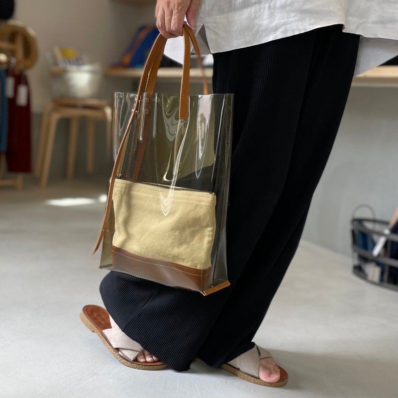 2WAY handle PVC and cowhide handle tote bag [light Brown] - Handbags & Totes - Genuine Leather Brown