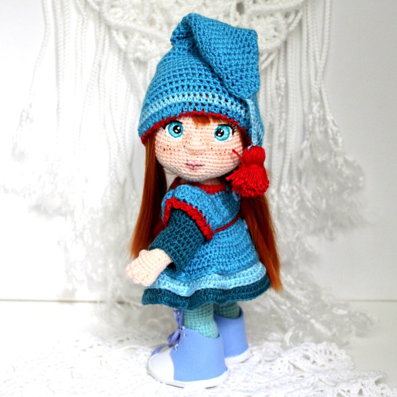 Gnome doll with dog  Handmade interior Elf doll  Amigurumi doll blue dress cap - Stuffed Dolls & Figurines - Other Materials Blue