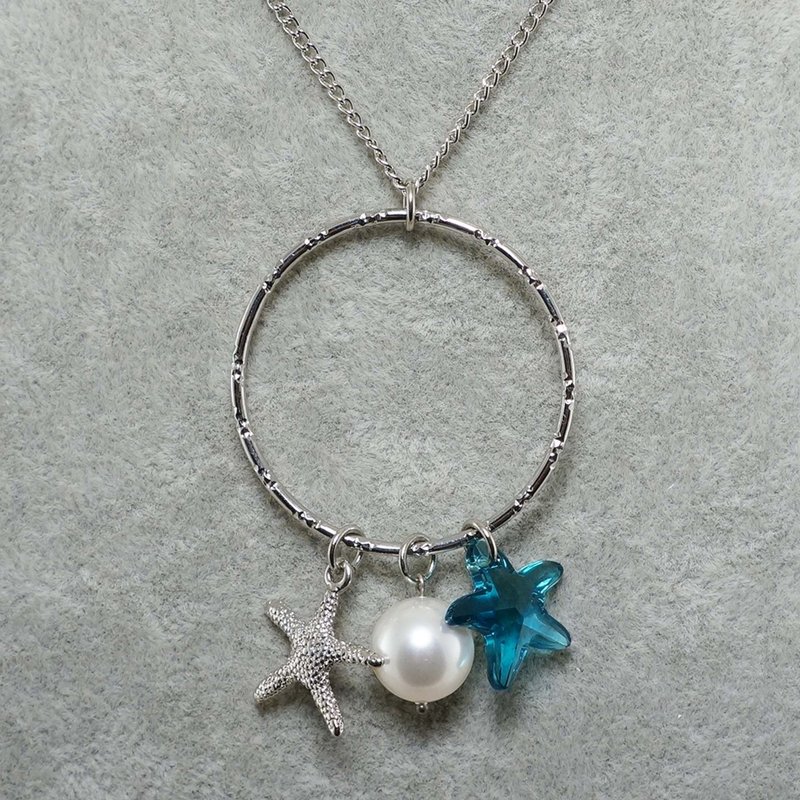 Teal Blue Starfish Swarovski Crystal White Pearl Marine Pendant Necklace Jewelry - 項鍊 - 其他材質 藍色