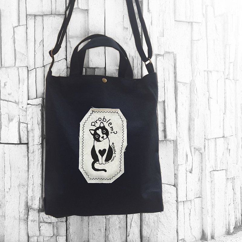 Cat Black-A4 Hand Sewing Canvas Handbag / Shoulder Bag / Shoulder Bag - กระเป๋าแมสเซนเจอร์ - ผ้าฝ้าย/ผ้าลินิน สีดำ