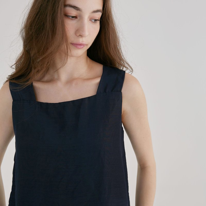 方領寬帶背心 - 海軍藍 - 背心/無袖上衣 - 棉．麻 藍色