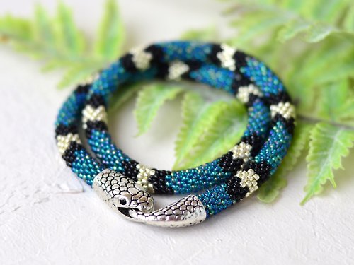 IrisBeadsArt Snake necklace, Ouroboros jewelry, Teal snake choker, Turquoise snake necklace