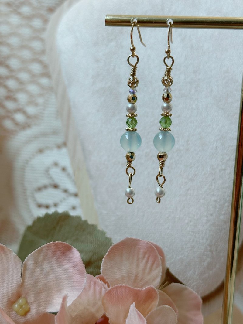 蔚藍晨光 l 海藍寶 橄欖石 Swarovski水晶珍珠 耳環 - 耳環/耳夾 - 水晶 藍色