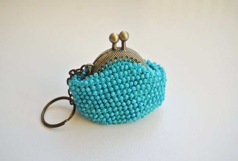 Small coin purse, crochet purse,turquoise blue wallet, beaded keychain - 零錢包/小錢包 - 其他材質 藍色