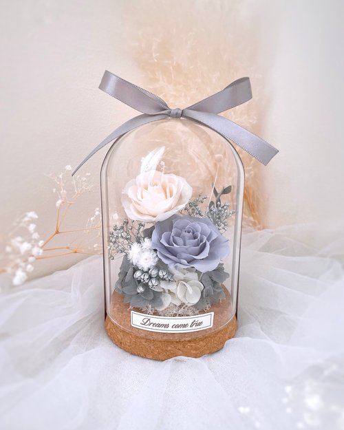 Dreams come true 永生花/乾燥花 永生花玻璃盅-銀霧灰 l 不凋花玻璃盅 日本玫瑰 情人節禮物
