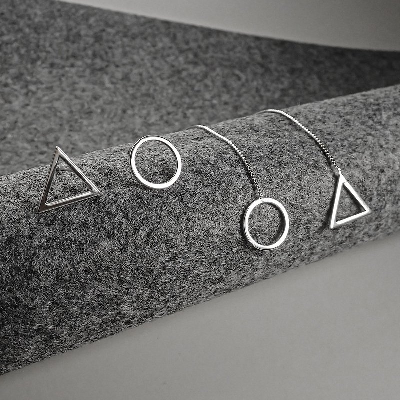 Limited Edition - Crazy Geometry | Minimalist Triangle. Circular Asymmetric Shape Cutout Sterling Silver Chain Dangle Earrings - ต่างหู - เงินแท้ สีเงิน